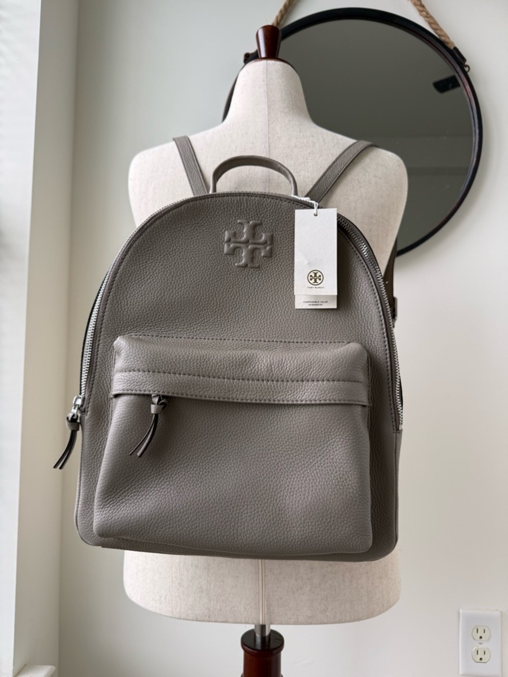 Tory Burch Taupe Gray Pebbled Leather Backpack